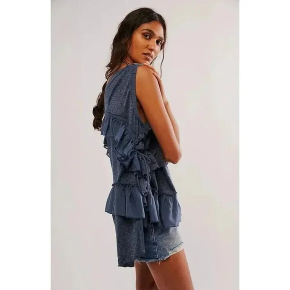 081Free People Claire Tee Tunic Top Eyelet Embroidered Ruffle Slouchy NWOT Small